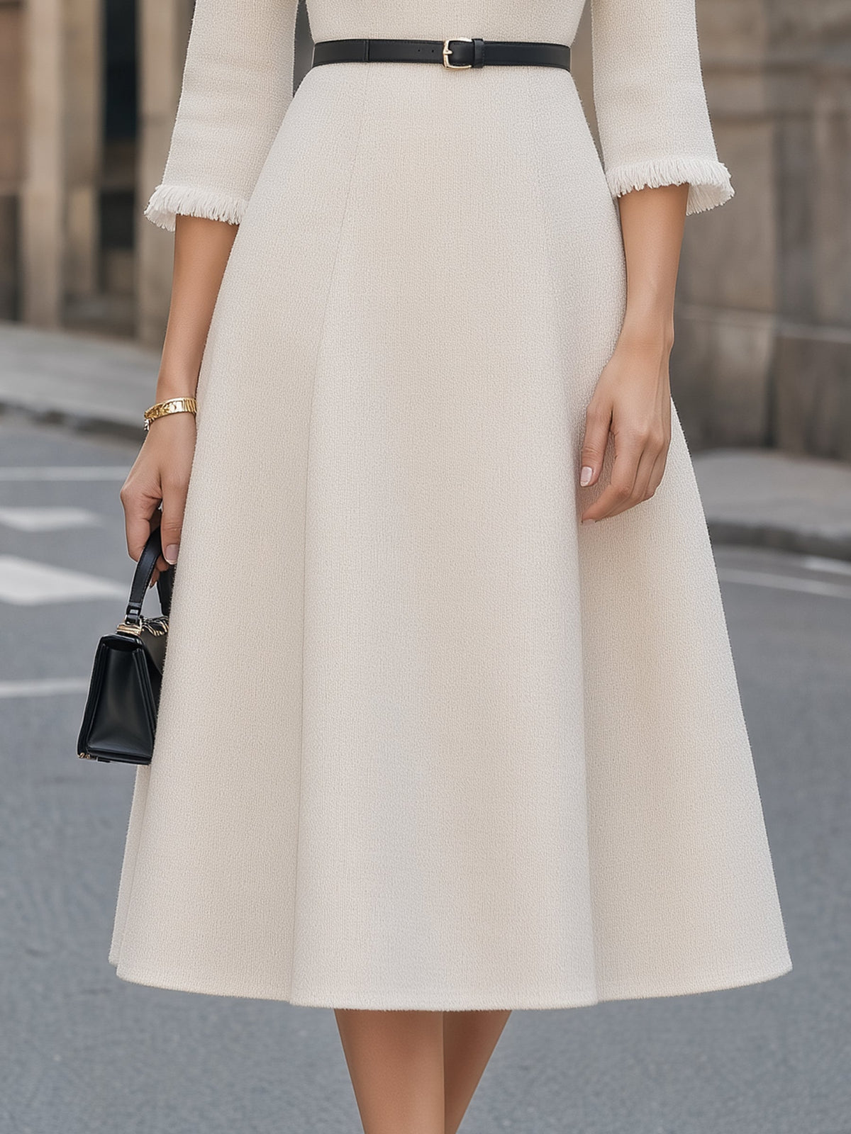 Fringe-Trimmed Belted Tweed Midi Dress
