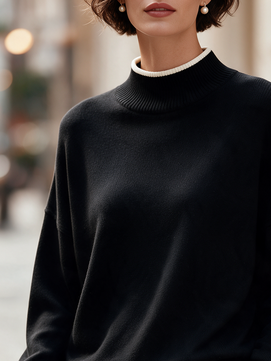 Women's Contrast Trim Mock Neck Long Sleeve Knit Sweater
