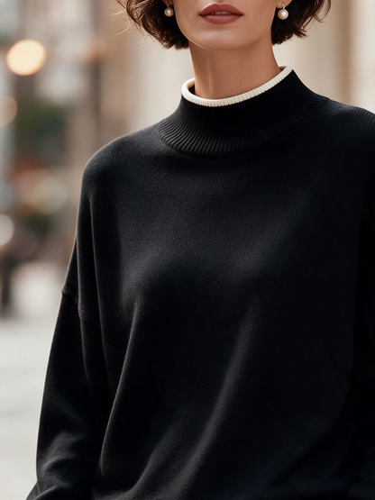 Women's Contrast Trim Mock Neck Long Sleeve Knit Sweater