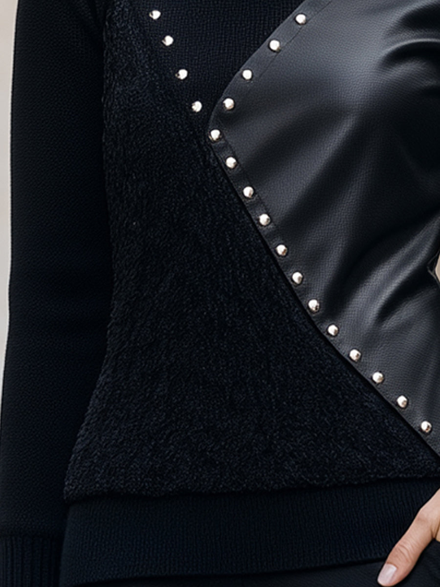 Studded Faux-Leather Panel Structured Knit Top