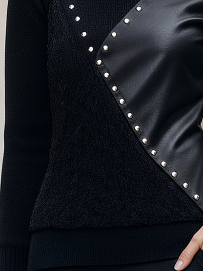 Studded Faux-Leather Panel Structured Knit Top