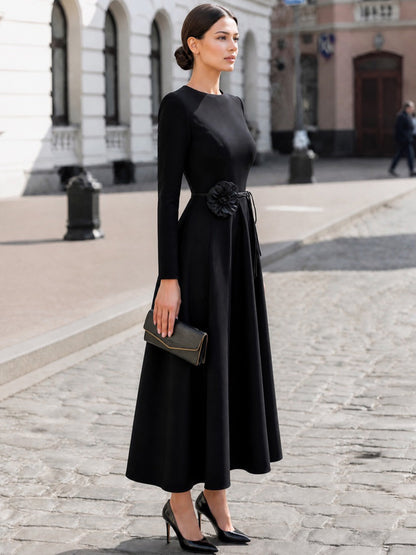 Leather Flower-Belt A-Line Maxi Dress