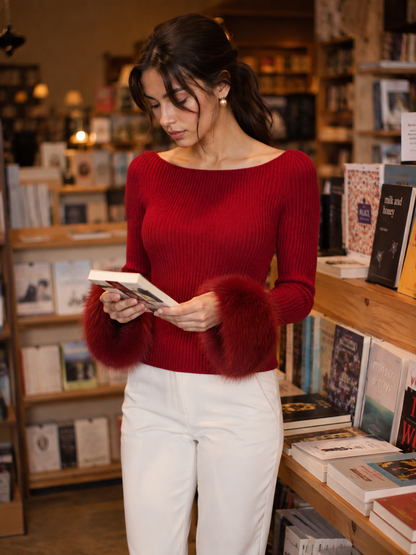 Faux Fur Cuffs Boat-Neck Ribbed Knit Sweater