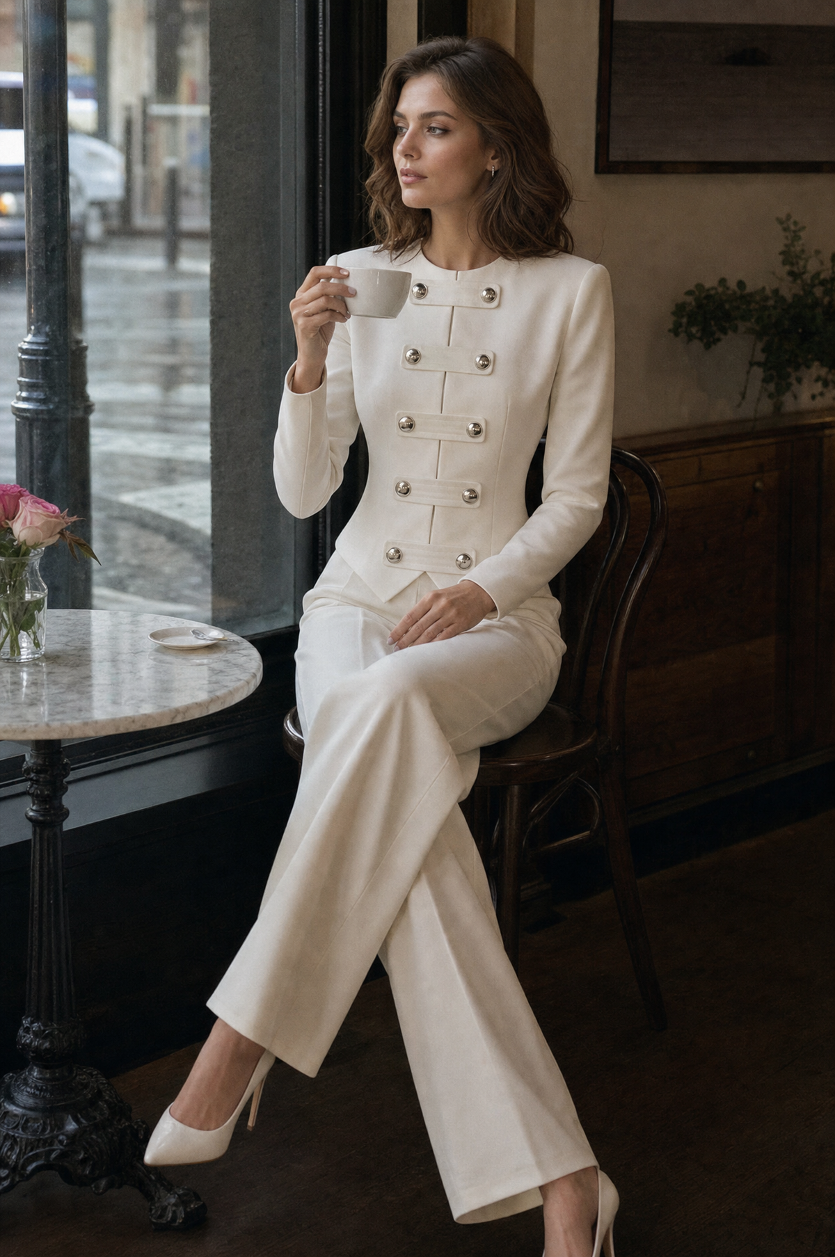 Military-Button Jacket And Flared Pants Set