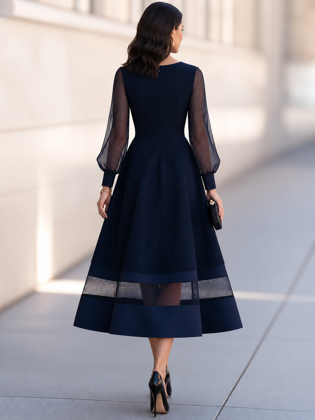 Elegant Mesh Sleeve A-Line Midi Dress with Sheer Panel Hem