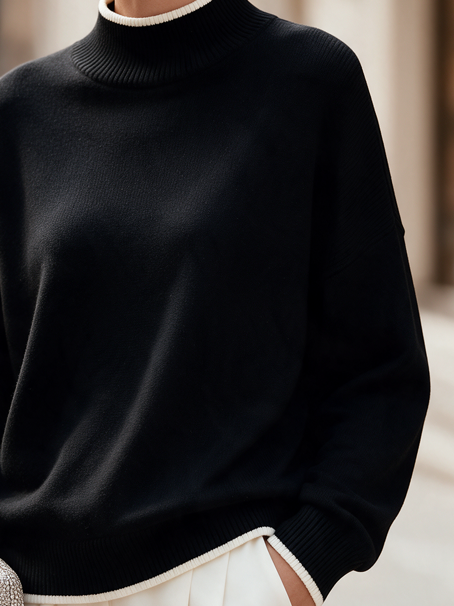 Women's Contrast Trim Mock Neck Long Sleeve Knit Sweater