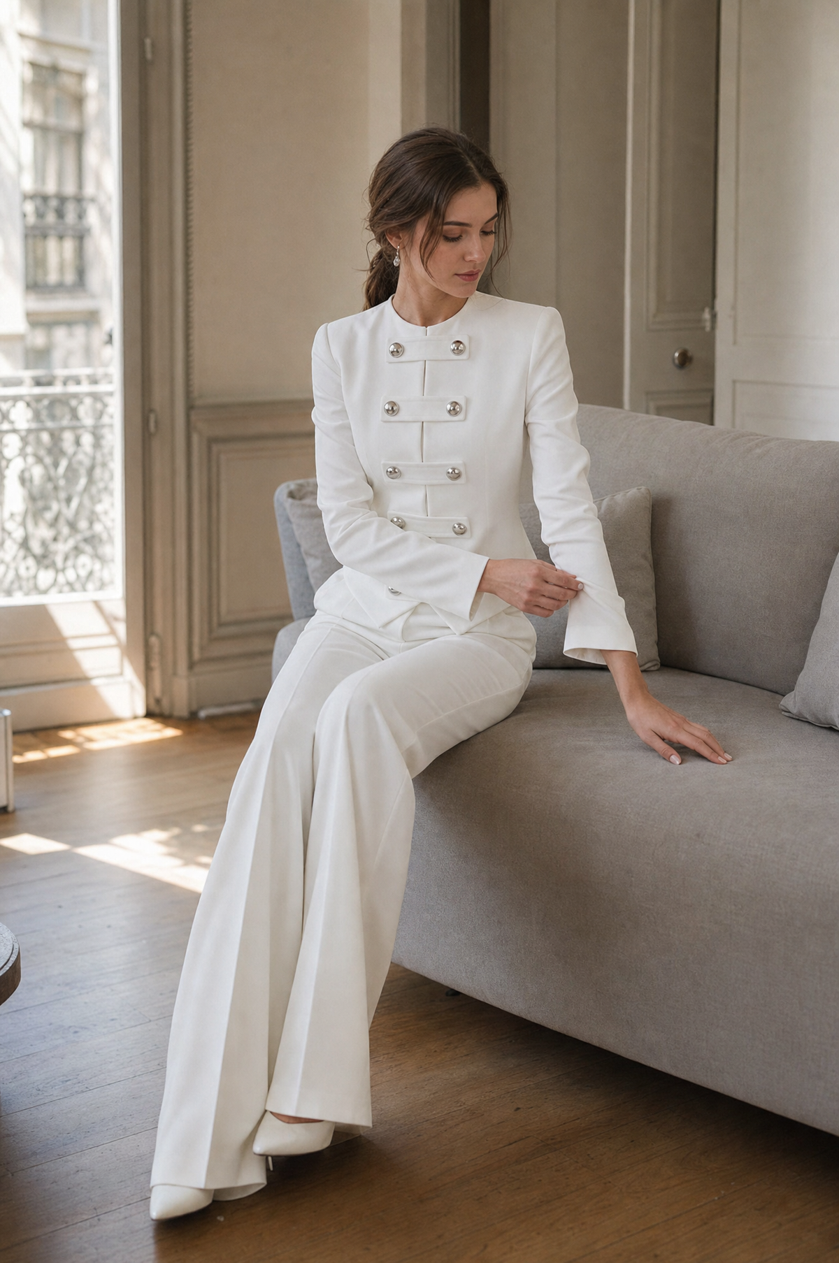 Military-Button Jacket And Flared Pants Set