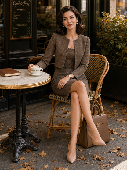 Houndstooth  Blazer & Square Neck Midi Pencil Dress Two-Piece Set