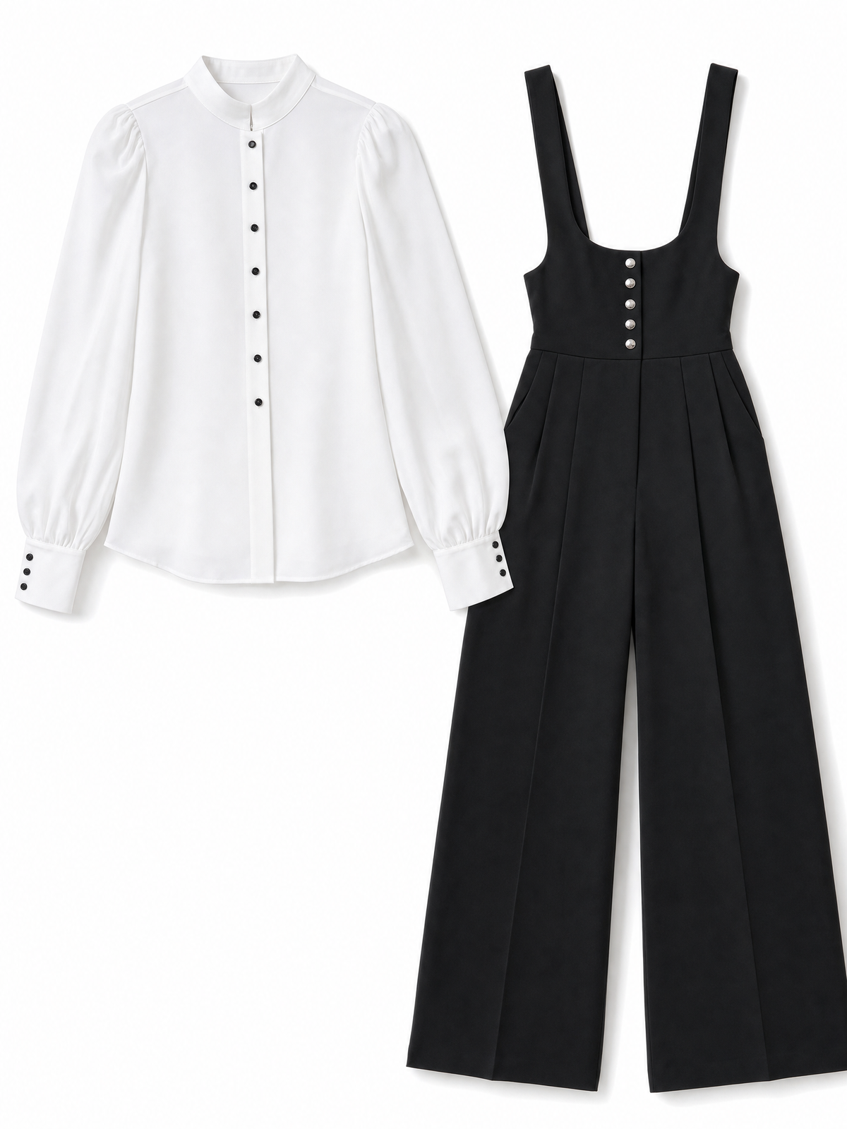 High-Neck Blouse & Wide-Leg Suspender Pants Set