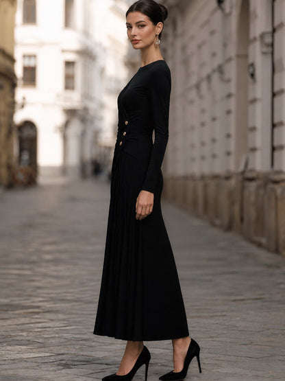Ruched-Waist Button-Detail Maxi Dress
