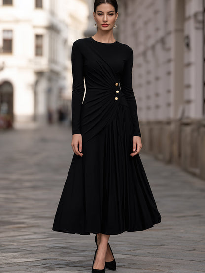 Ruched-Waist Button-Detail Maxi Dress