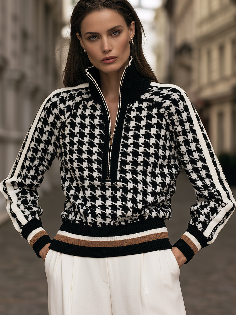 Houndstooth Quarter-Zip Knit Sweater