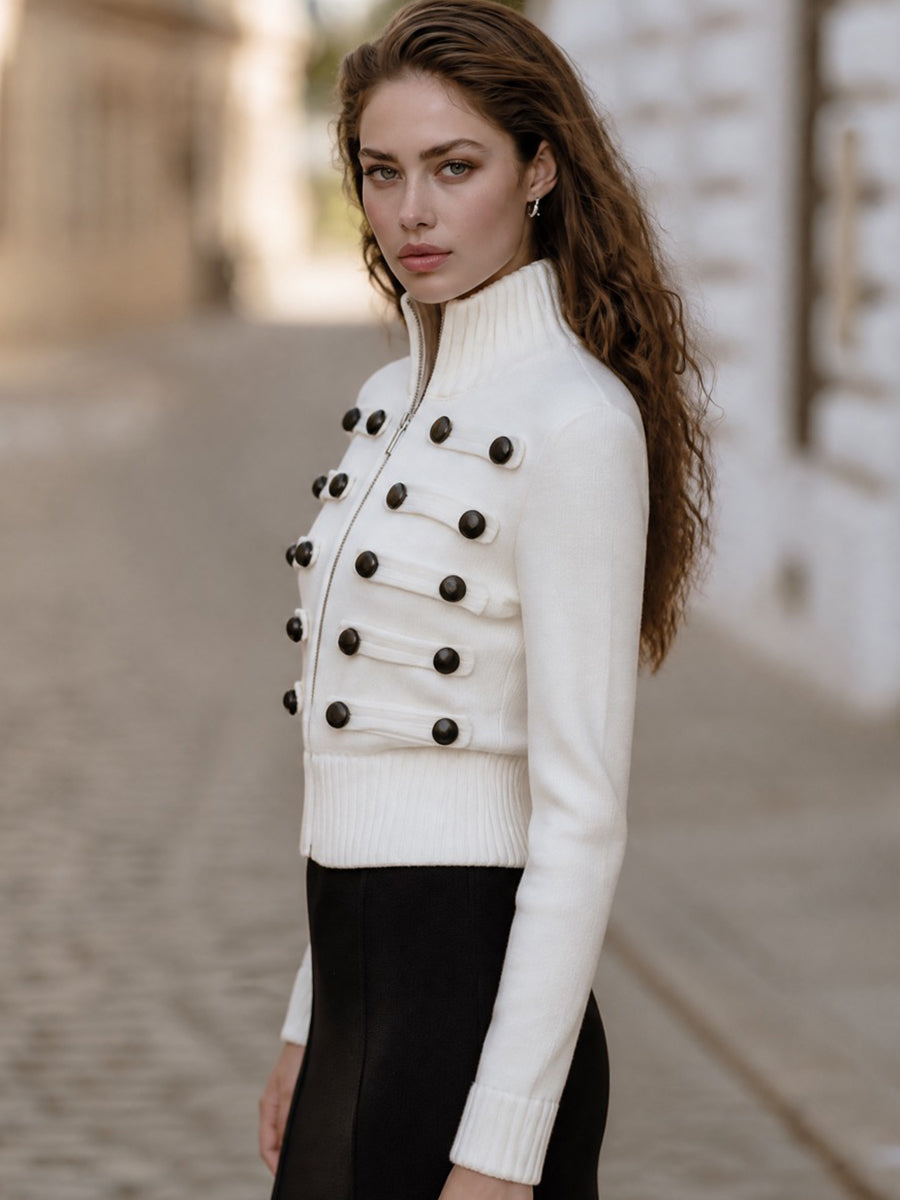 Military-Inspired Button-Trim Zip-Up Knit Cardigan
