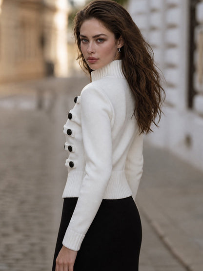 Military-Inspired Button-Trim Zip-Up Knit Cardigan