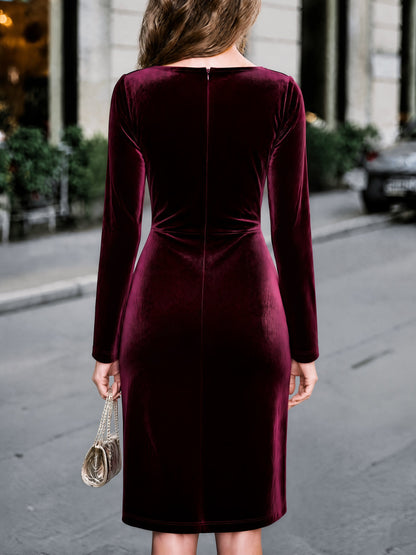 Elegant Velvet Cowl Neck Bodycon Midi Dress With Lace Trim