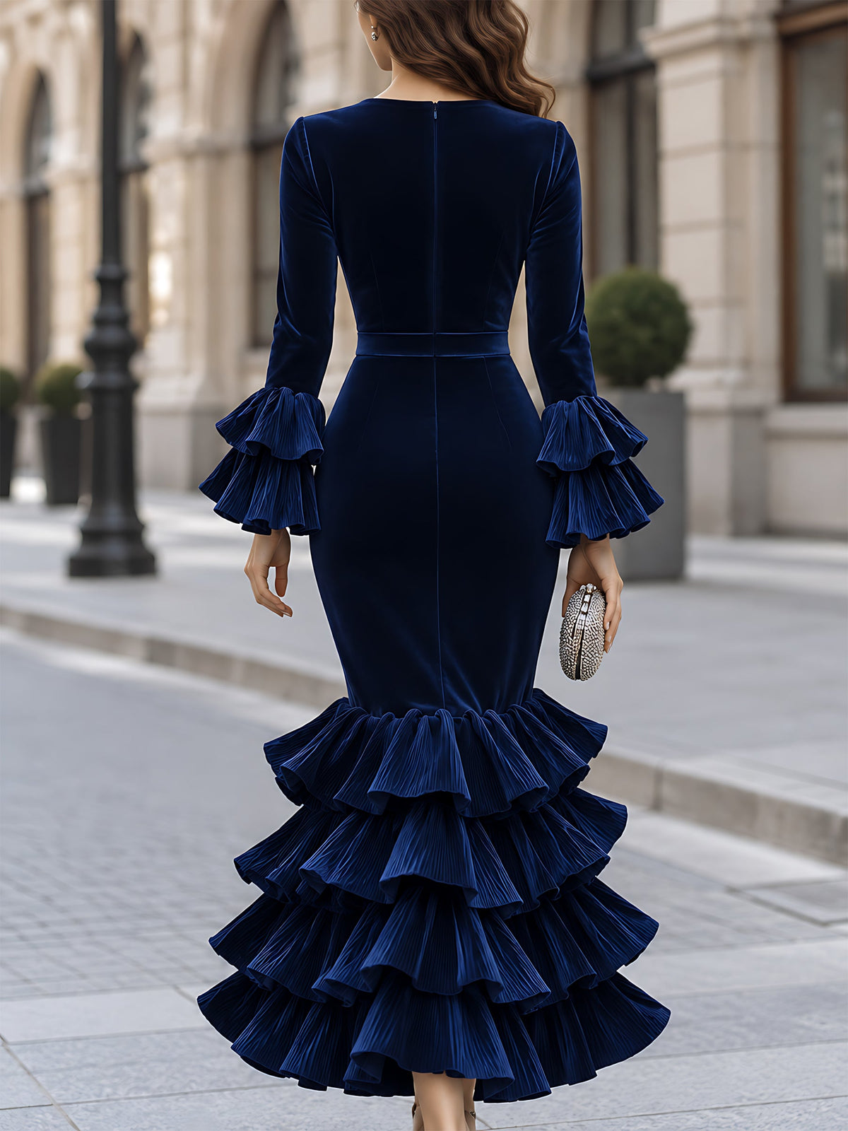 Velvet Ruffle Trumpet Mermaid Evening Dress