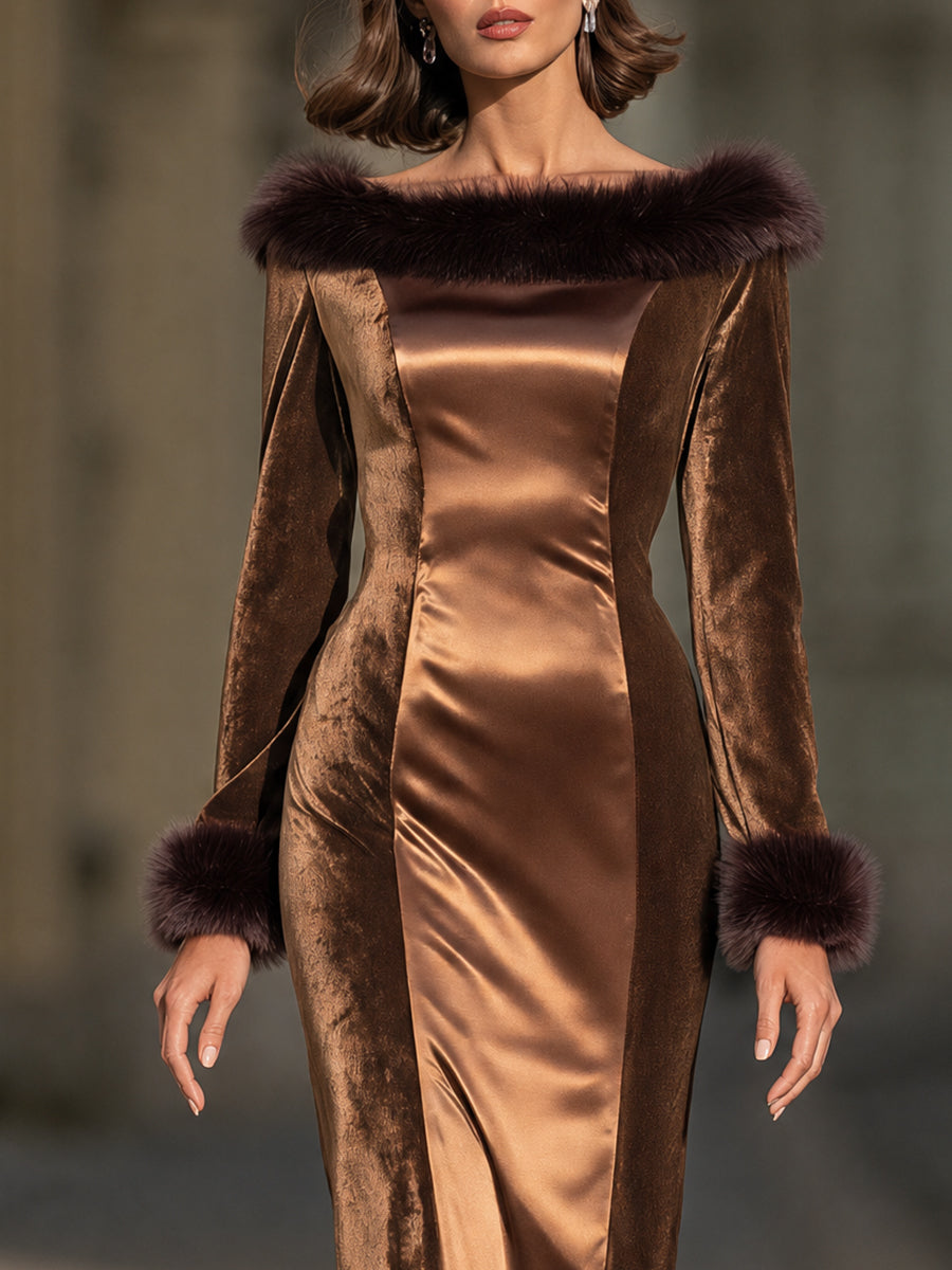 Luxe Faux-Fur Trim Velvet And Satin Midi Dress