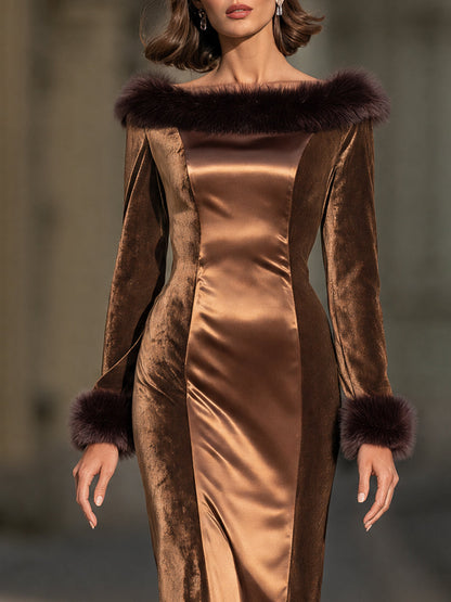 Luxe Faux-Fur Trim Velvet And Satin Midi Dress