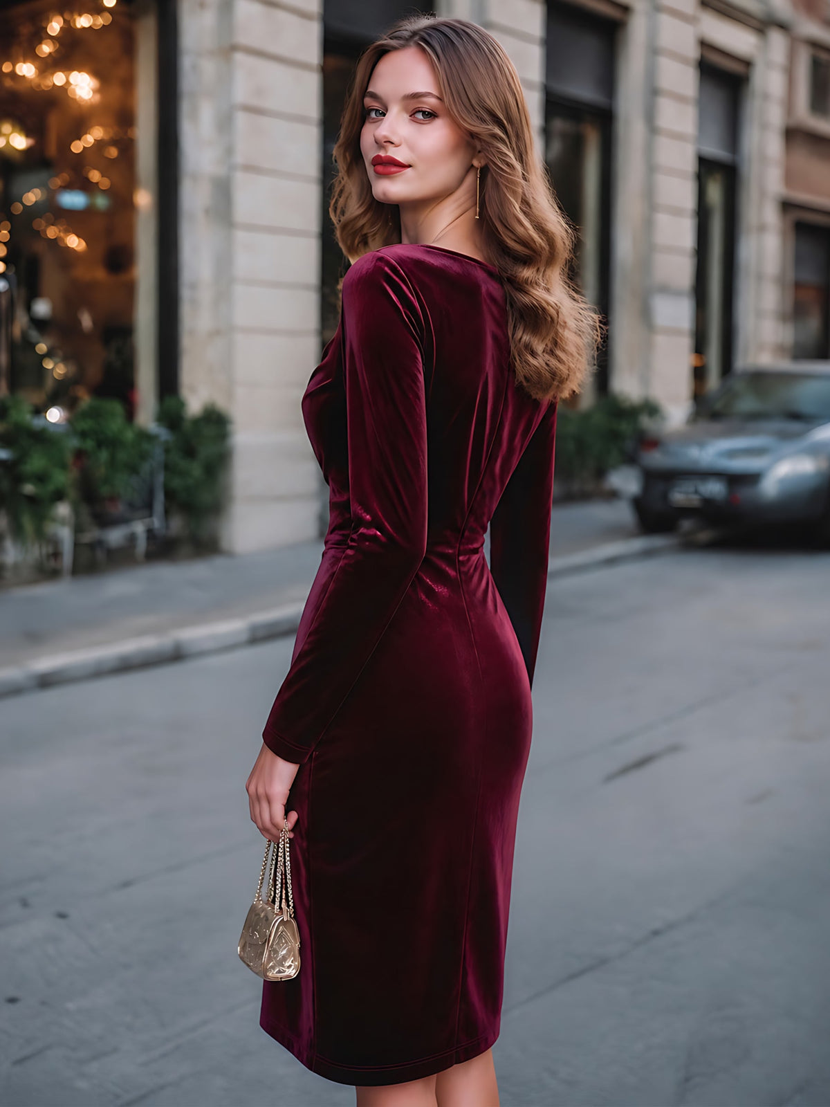 Elegant Velvet Cowl Neck Bodycon Midi Dress With Lace Trim