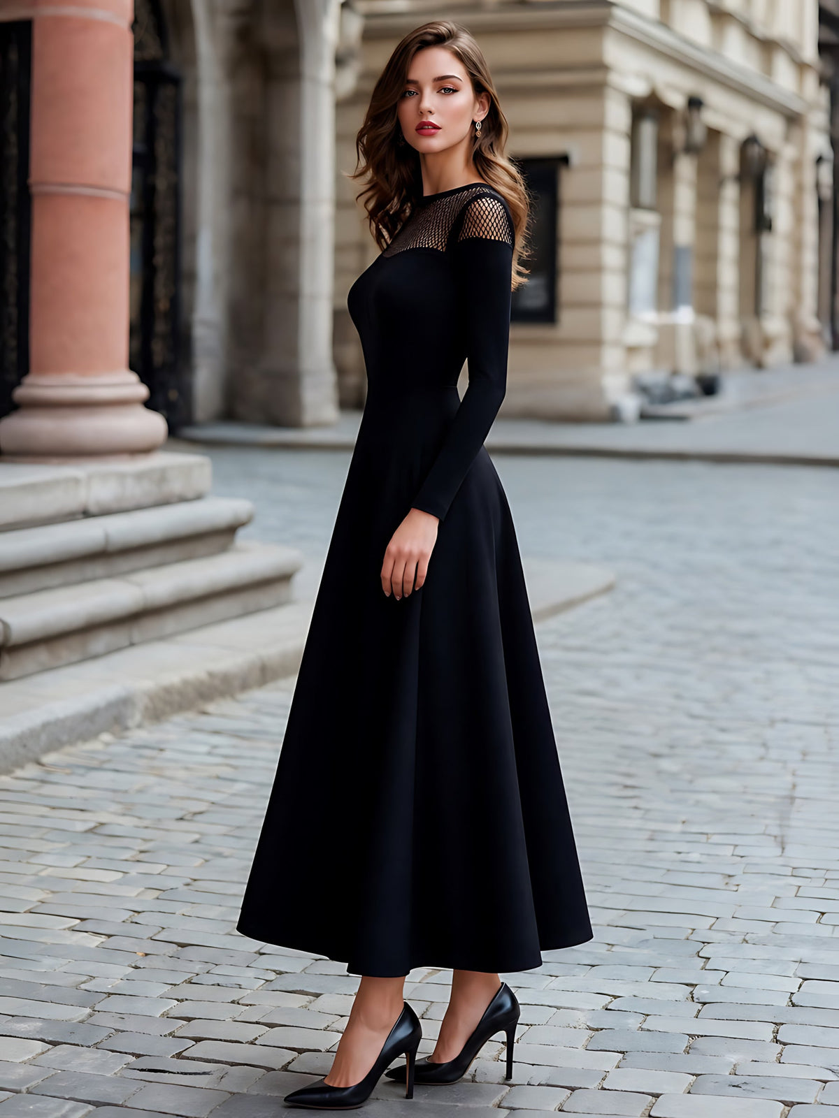Elegant Mesh Splice Long Sleeve A-Line Maxi Dress
