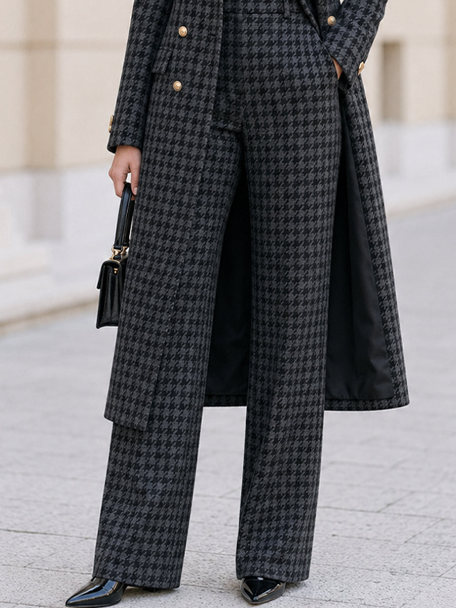 Houndstooth Double‑Breasted Long Coat & Wide‑Leg Pant Two‑Piece Suit