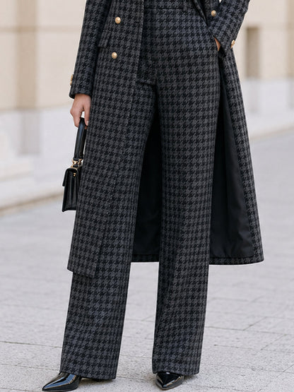 Houndstooth Double‑Breasted Long Coat & Wide‑Leg Pant Two‑Piece Suit