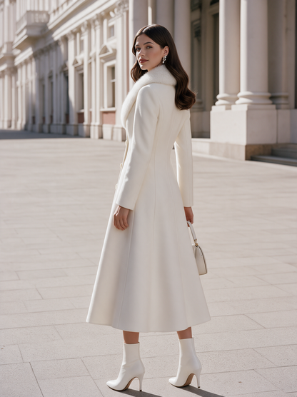 Elegant Faux Fur Collar Double-Breasted Long Wool Coat