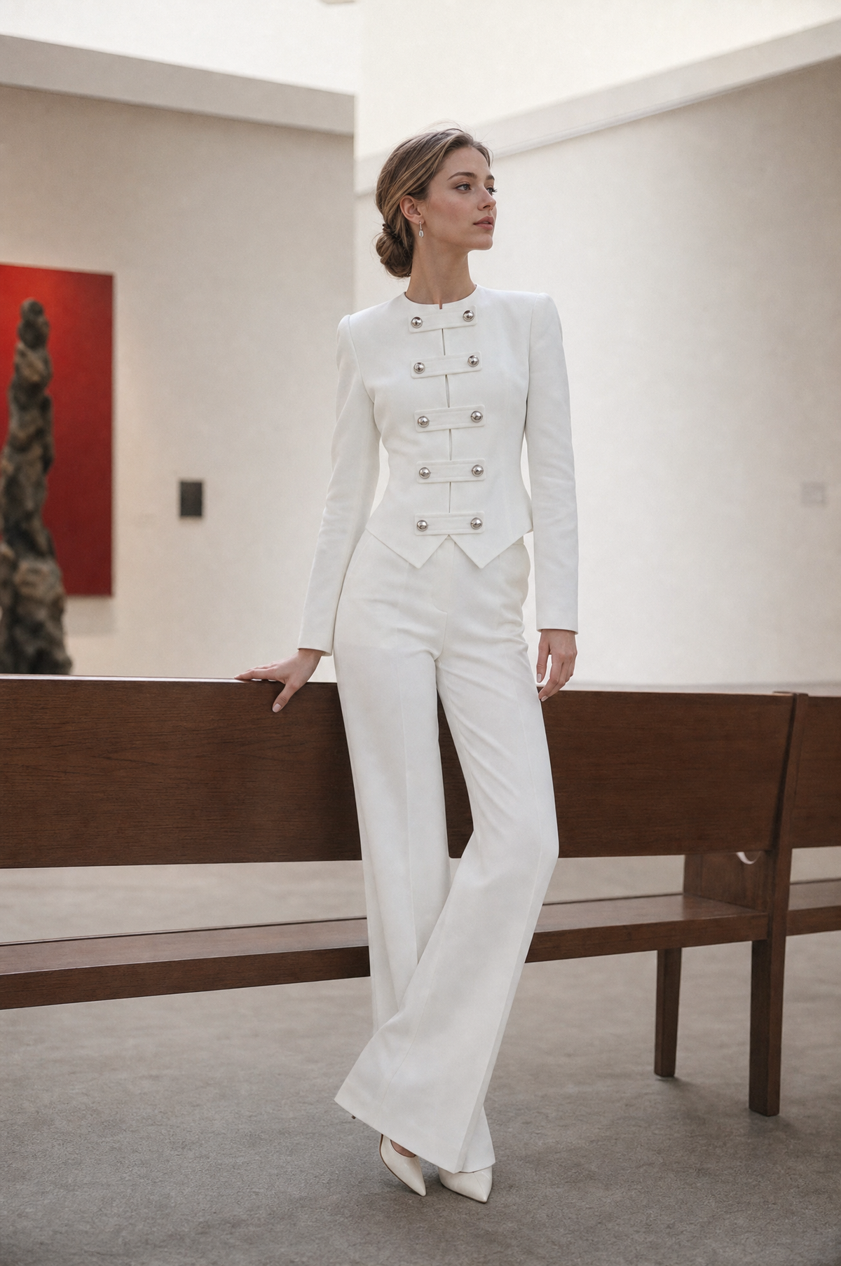 Military-Button Jacket And Flared Pants Set